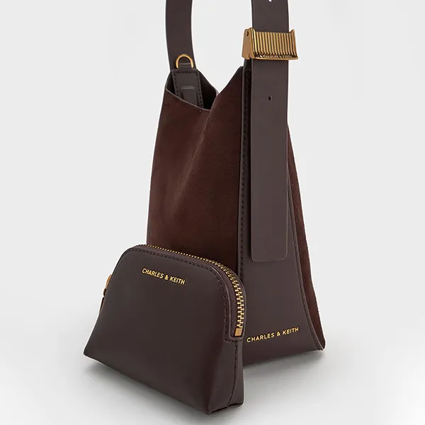 Túi Đeo Vai Nữ Charles & Keith CNK Edna Recycled Suede Bucket Bag Espresso Brown CK2-10782671-1 Màu Nâu Đậm