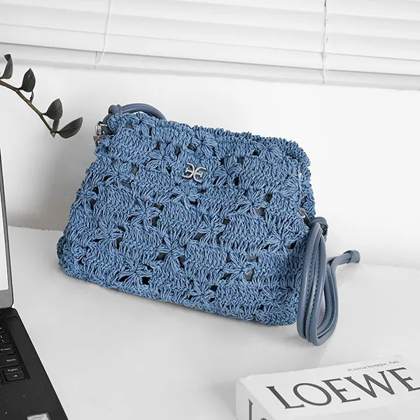 Túi Đeo Vai Nữ Sam Edelman Layla Floral Raffia Shoulder Bag/Clutch Eggshell Raffia Blanc Blue Raffia Màu Xanh