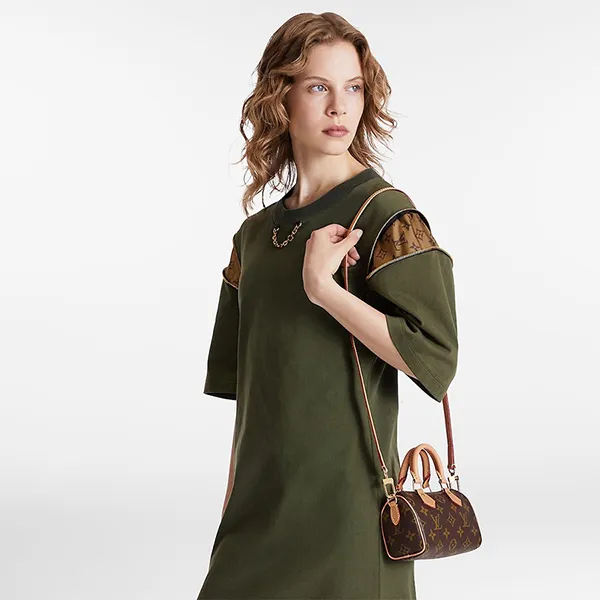 Túi Xách Tay Nữ Louis Vuitton LV Nano Speedy Handbag Strap In Brown Canvas M81085 Màu Nâu Đen