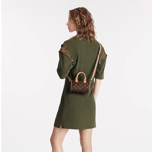 Túi Xách Tay Nữ Louis Vuitton LV Nano Speedy Handbag Strap In Brown Canvas M81085 Màu Nâu Đen
