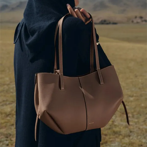 Túi Xách Tay Nữ Polène Cyme Mini Edition Textured Root Tote Bag Màu Nâu