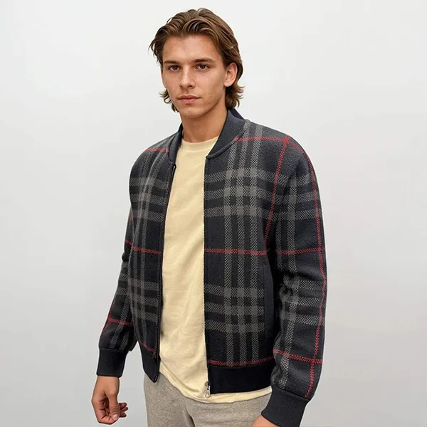 Áo Bomber Nam Burberry Morland Knitted Wool Jacket Check Navy Màu Xanh Kẻ Size S