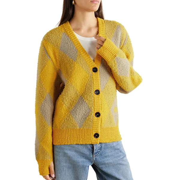 Áo Cardigan Nữ Burberry Argyle Jacquard-Knit Wool Màu Vàng Size S