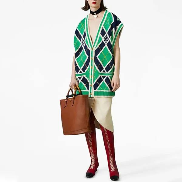Áo Cardigan Nữ Gucci G Rhombus Sleeveless Cardigan Vest In Green Màu Xanh Lá Size S
