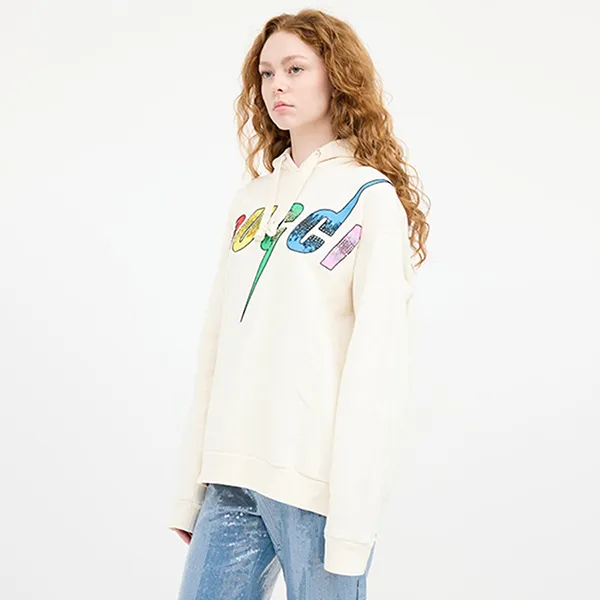 Áo Hoodie Nữ Gucci Sequin Logo Medium Màu Kem Size XS