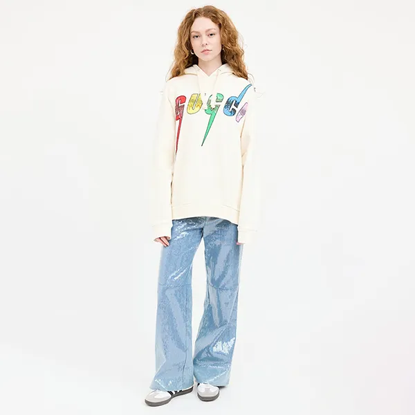 Áo Hoodie Nữ Gucci Sequin Logo Medium Màu Kem Size XS