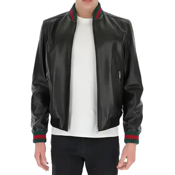 Áo Khoác Nam Gucci Black Bomber Leather Jacket SP148518 Màu Đen Size 48