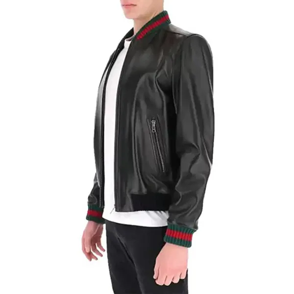 Áo Khoác Nam Gucci Black Bomber Leather Jacket SP148518 Màu Đen Size 48