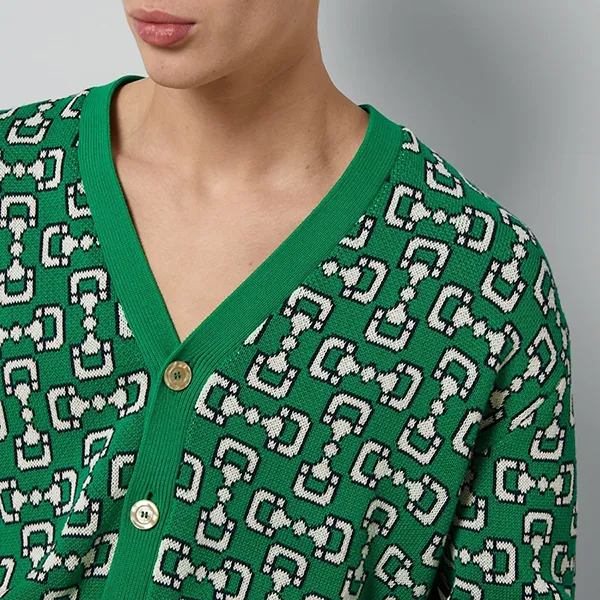 Áo Len Cardigan Nam Gucci Horsebit Jacquard Cotton Piqué Màu Xanh Green Size M