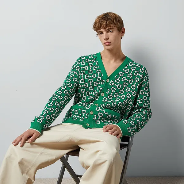 Áo Len Cardigan Nam Gucci Horsebit Jacquard Cotton Piqué Màu Xanh Green Size M