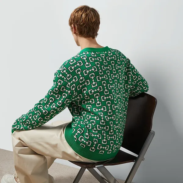 Áo Len Cardigan Nam Gucci Horsebit Jacquard Cotton Piqué Màu Xanh Green Size M
