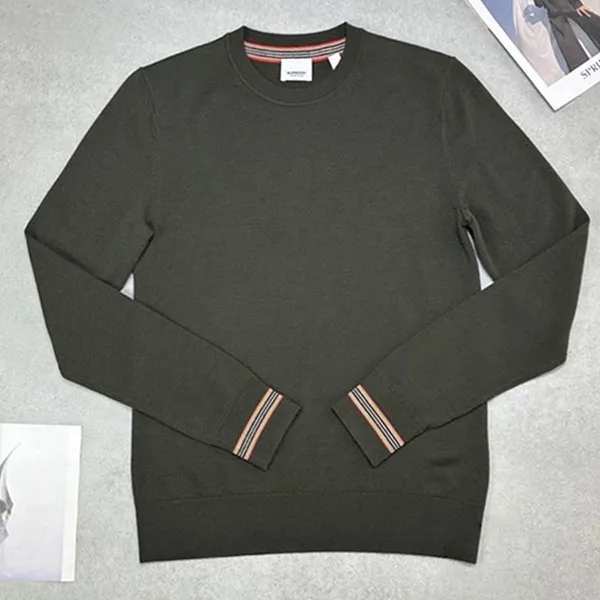 Áo Len Nam Burberry Icon Stripe Trim Wool Sweater Harvey Nichols SP148539 Màu Xanh Green Size XS