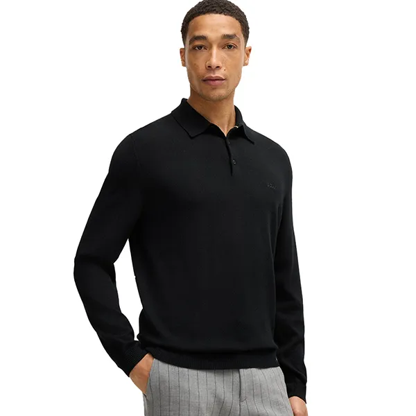 Áo Len Nam Hugo Boss Knit Polo Sweater In Virgin Wool Màu Đen Size S
