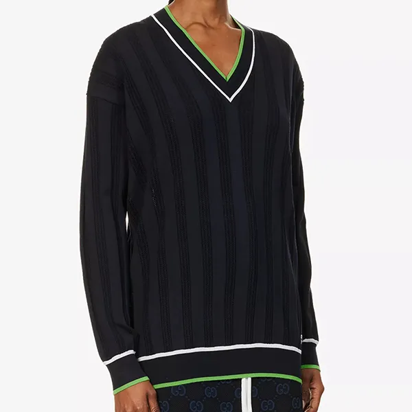 Áo Len Nữ Gucci Brand-Embroidered V-Neck Relaxed-Fit Wool-Blend Knitted Top Màu Xanh Đen Size S