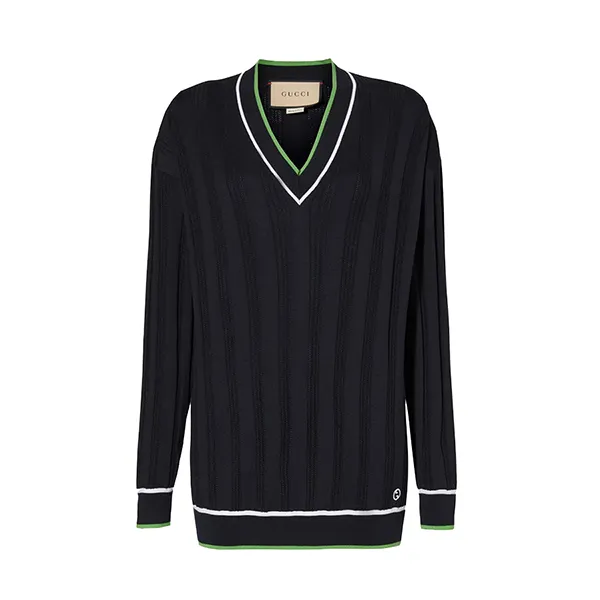 Áo Len Nữ Gucci Brand-Embroidered V-Neck Relaxed-Fit Wool-Blend Knitted Top Màu Xanh Đen Size S