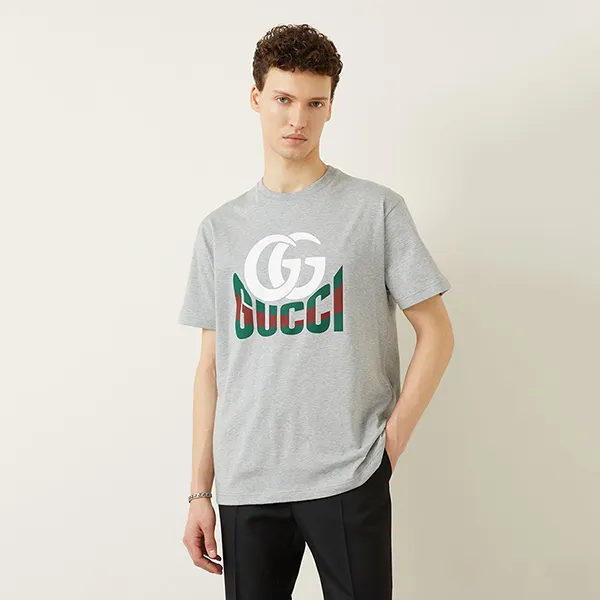 Áo Phông Nam Gucci Printed Cotton Jersey T-Shirt 796395 XJGQ7 Màu Xám Size XS
