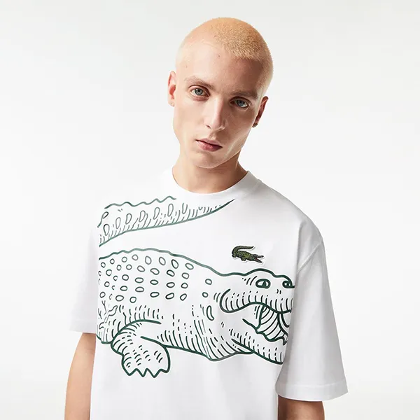 Áo Phông Nam Lacoste Round Neck Loose Fit Crocodile Print Tshirt TH5511-51 Màu Trắng Size 5