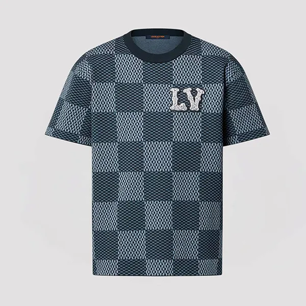Áo Phông Nam Louis Vuitton LV Knitted Shirt Kẻ Caro Màu Xanh Xám Size S