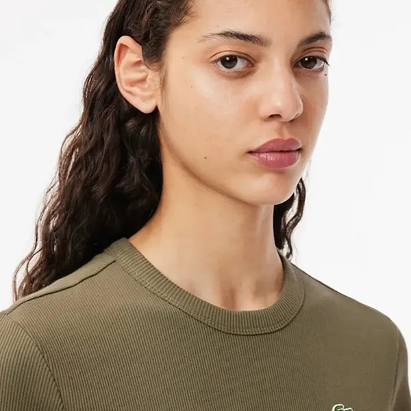 Áo Thun Nữ Lacoste Slim Fit Ribbed Cotton Tshirt TF5538-BMY Màu Xanh Kaki Size 34