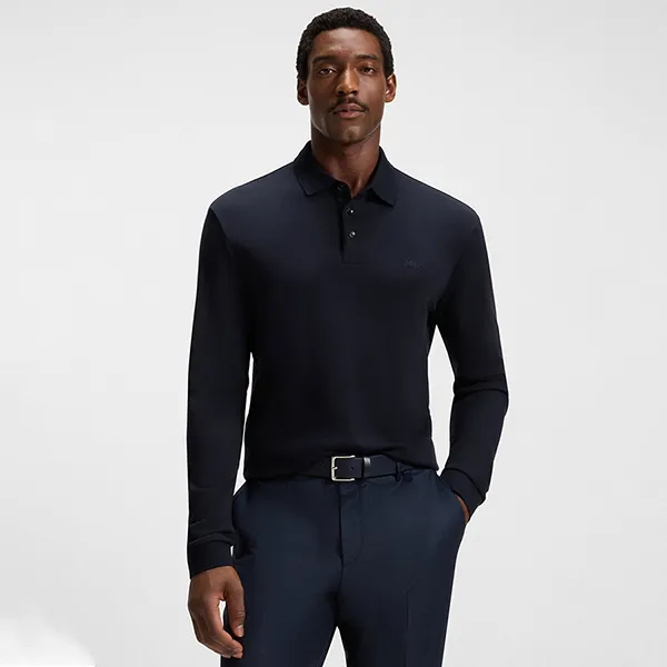 Áo Polo Dài Tay Nam Hugo Boss Regular-fit Polo Shirt In Interlock Cotton Dark Blue Màu Xanh Đậm Size S