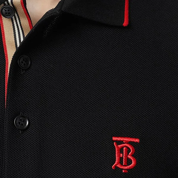 Áo Polo Nam Burberry Icon Stripe Placket Cotton Piqué Shirt Màu Đen Size S