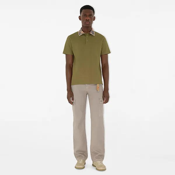 Áo Polo Nam Burberry Slim Fit Check Collar Cotton Polo Shirt 81109461 Màu Xanh Olive Size XS
