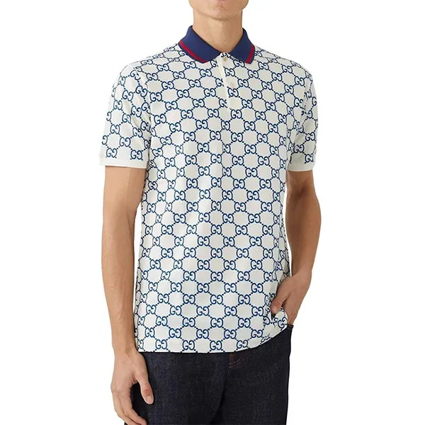 Áo Polo Nam Gucci GG Stretch Cotton Màu Trắng Họa Tiết Size XS