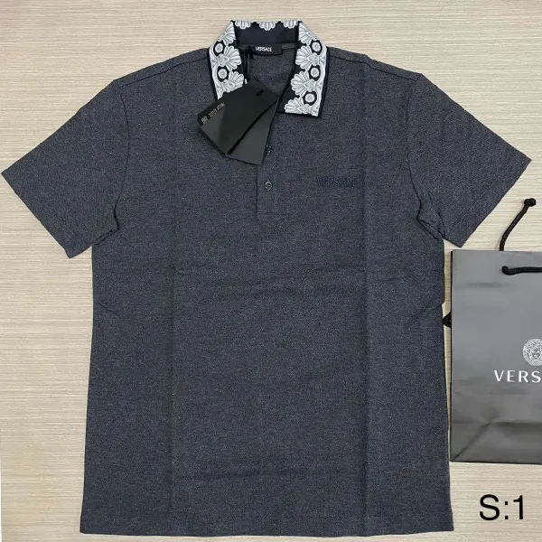 Áo Polo Nam Versace Logo Embroidered Cotton Shirt Màu Xám Size S