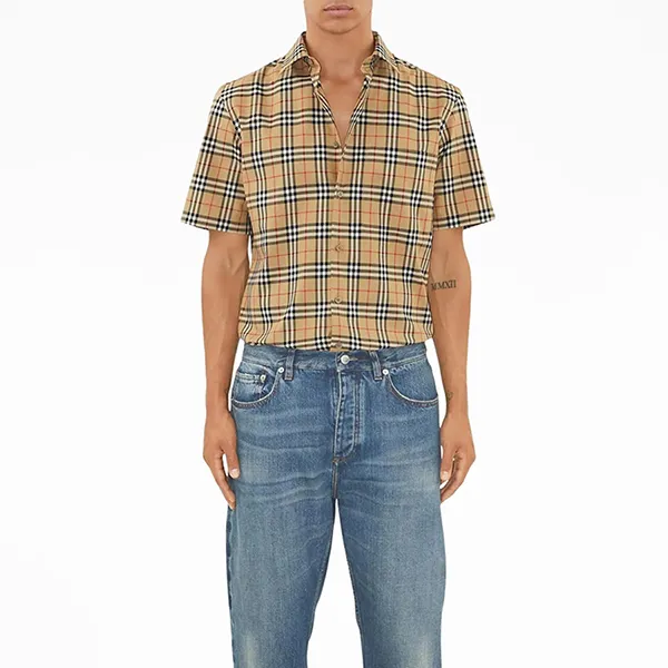 Áo Sơ Mi Cộc Tay Nam Burberry Check Pattern Short-Sleeved Màu Beige Size XS