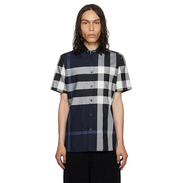 Áo Sơ Mi Cộc Tay Nam Burberry White/DC Blue Ip Check Màu Xanh Navy Kẻ Size S