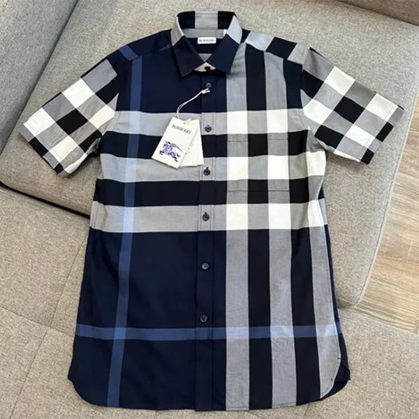 Áo Sơ Mi Cộc Tay Nam Burberry White/DC Blue Ip Check Màu Xanh Navy Kẻ Size S