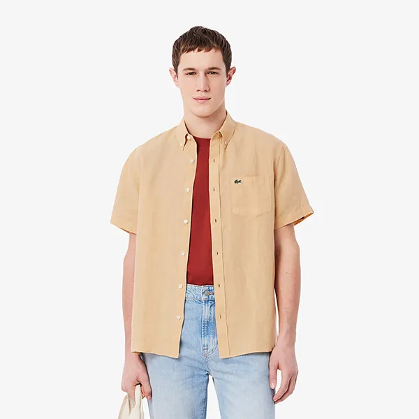 Áo Sơ Mi Cộc Tay Nam Lacoste Regular Fit Shirt CH5699 IXQ Màu Be Size 38