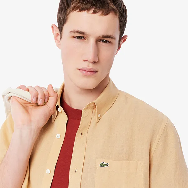 Áo Sơ Mi Cộc Tay Nam Lacoste Regular Fit Shirt CH5699 IXQ Màu Be Size 38