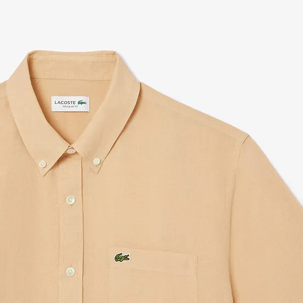 Áo Sơ Mi Cộc Tay Nam Lacoste Regular Fit Shirt CH5699 IXQ Màu Be Size 38