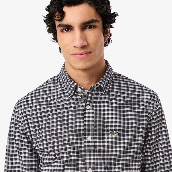 Áo Sơ Mi Dài Tay Nam Lacoste Men's Regular Fit Stretch Plaid Shirt CH1343 GA3 Màu Xanh Trắng Size 38