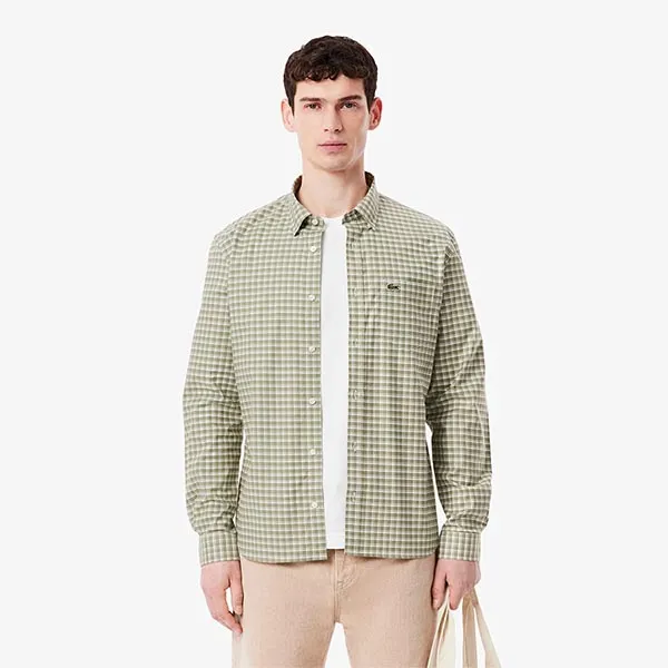 Áo Sơ Mi Dài Tay Nam Lacoste Men's Slim Fit Stretch Plaid Shirt CH1343 CI8 Màu Xanh Khaki Size 38
