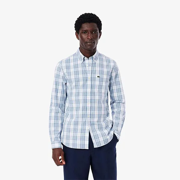 Áo Sơ Mi Dài Tay Nam Lacoste Men's Slim Fit Stretch Plaid Shirt CH3745 CGI Màu Trắng - Xanh Size 40