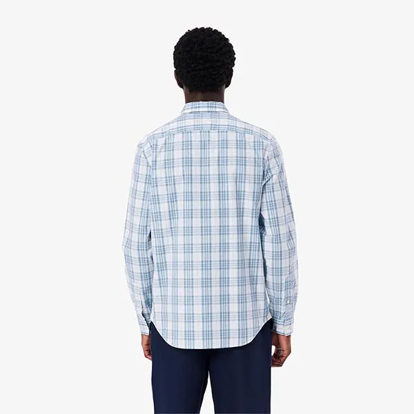 Áo Sơ Mi Dài Tay Nam Lacoste Men's Slim Fit Stretch Plaid Shirt CH3745 CGI Màu Trắng - Xanh Size 40
