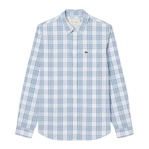 Áo Sơ Mi Dài Tay Nam Lacoste Men's Slim Fit Stretch Plaid Shirt CH3745 CGI Màu Trắng - Xanh Size 40