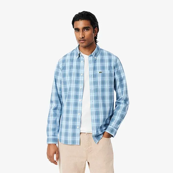 Áo Sơ Mi Dài Tay Nam Lacoste Men's Slim Fit Stretch Plaid Shirt CH3745 CI0 Màu Xanh Blue Size 40