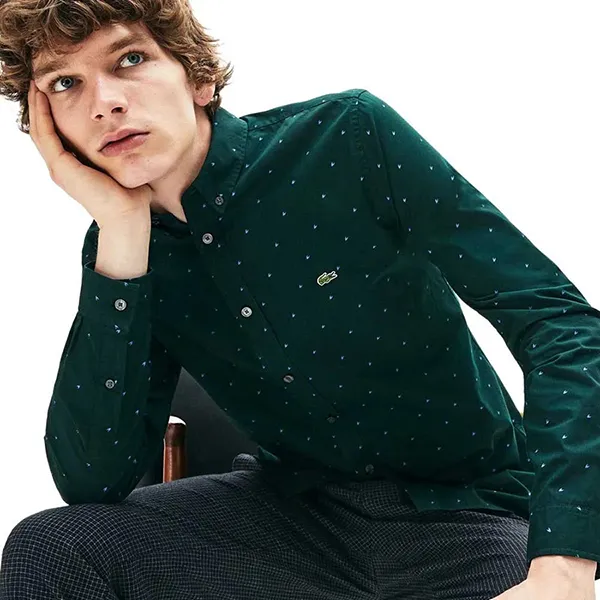 Áo Sơ Mi Dài Tay Nam Lacoste Slim Fit Print Cotton Poplin Long Sleeve Shirt Màu Xanh Green Size 39