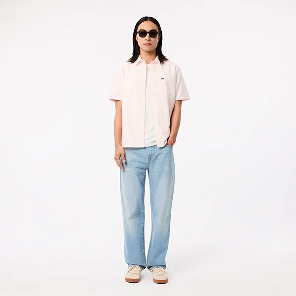 Áo Sơ Mi Cộc Tay Nam Lacoste Men's Regular Fit Short Sleeve Oxford Shirt CH5624 99P Màu Hồng Nhạt