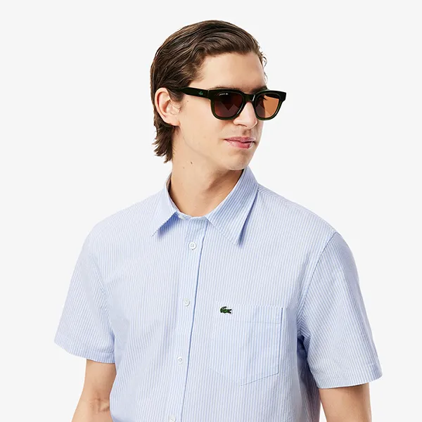 Áo Sơ Mi Cộc Tay Nam Lacoste Men's Regular Fit Short Sleeve Oxford Shirt CH5624 E7B Màu Xanh Kẻ Size 39