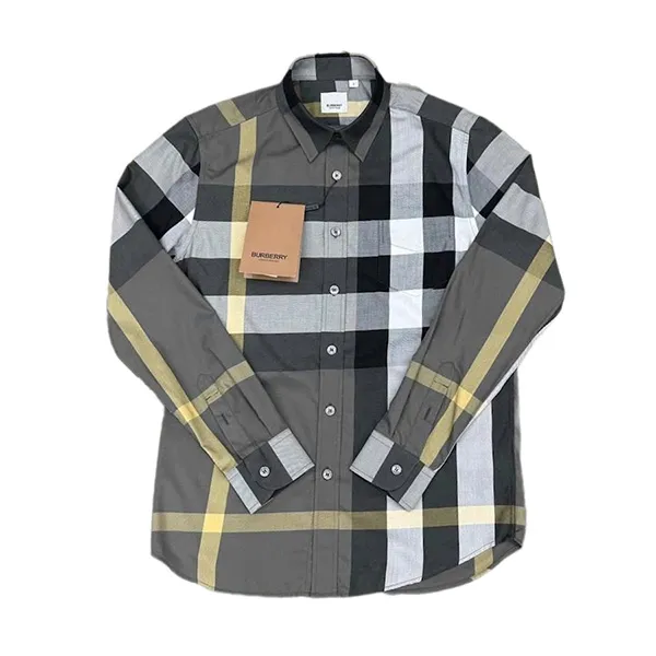 Áo Sơ Mi Nam Burberry BBR Cotton Poplin Check Shirt Màu Xám Size XS