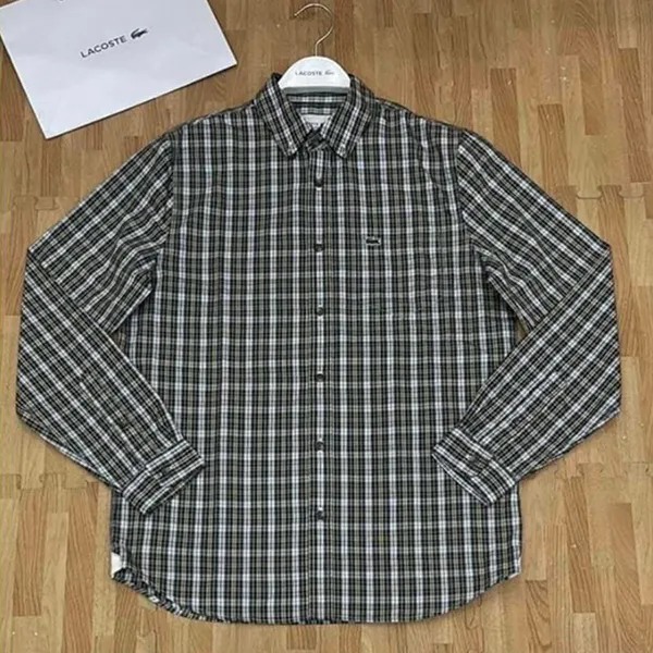 Áo Sơ Mi Nam Lacoste Brand Mens Long Sleeve Plaid Shirt Tan Black Regular Fit Cotton Phối Màu Size 38