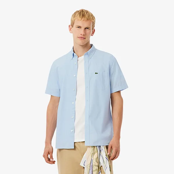 Áo Sơ Mi Nam Lacoste Men's Short Sleeved Regular Fit Gingham Print Shirt CH5622 F6Z Màu Xanh Nhạt Size 39