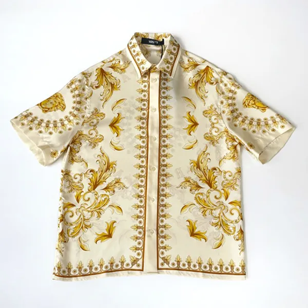 Áo Sơ Mi Nam Versace Barocco Print Short Sleeve In White/Gold 1010103 1A15626 5K580 Màu Kem Size 46