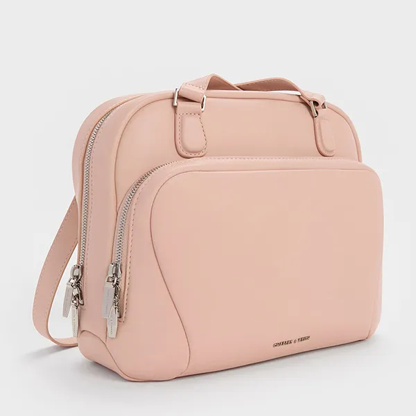 Balo Nữ Charles & Keith CNK Nelly Front-Pocket Boxy Backpack Light Pink CK2-60160247 Màu Hồng