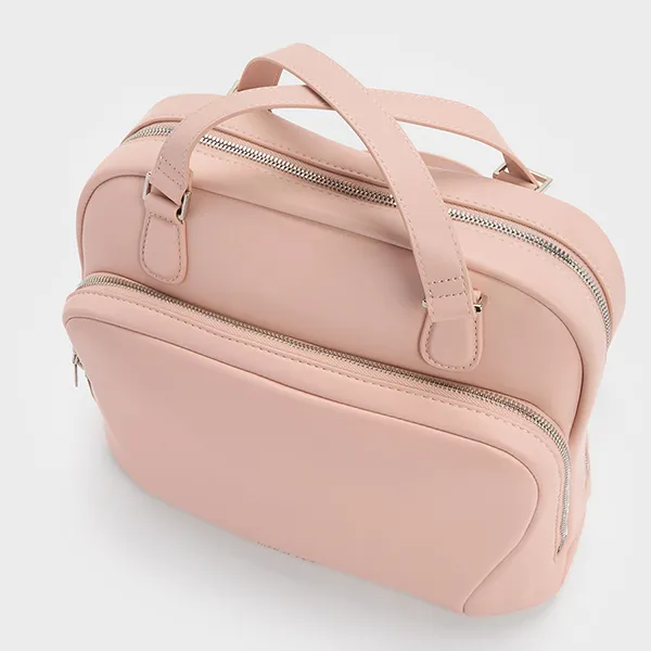 Balo Nữ Charles & Keith CNK Nelly Front-Pocket Boxy Backpack Light Pink CK2-60160247 Màu Hồng