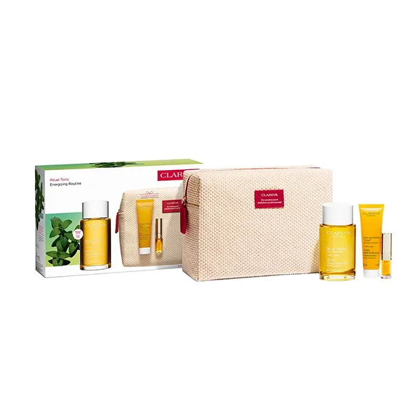 Bộ Chăm Sóc Da Clarins Tonic & Make Up Set 4 Món (Dầu Dưỡng Thể 100ml + Sữa Tắm 30ml + Dưỡng Môi 01 + Túi)